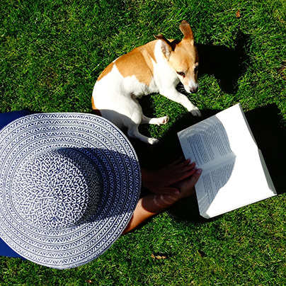 Person reading a book while lying in the grass with dog